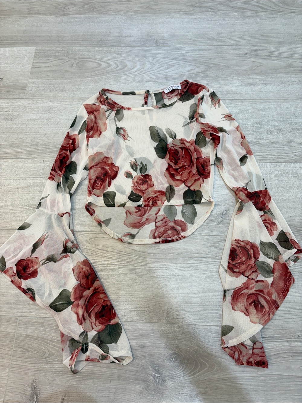 Fashion Nova White Sheer Rose Print Crop Top with Bell Sleeves